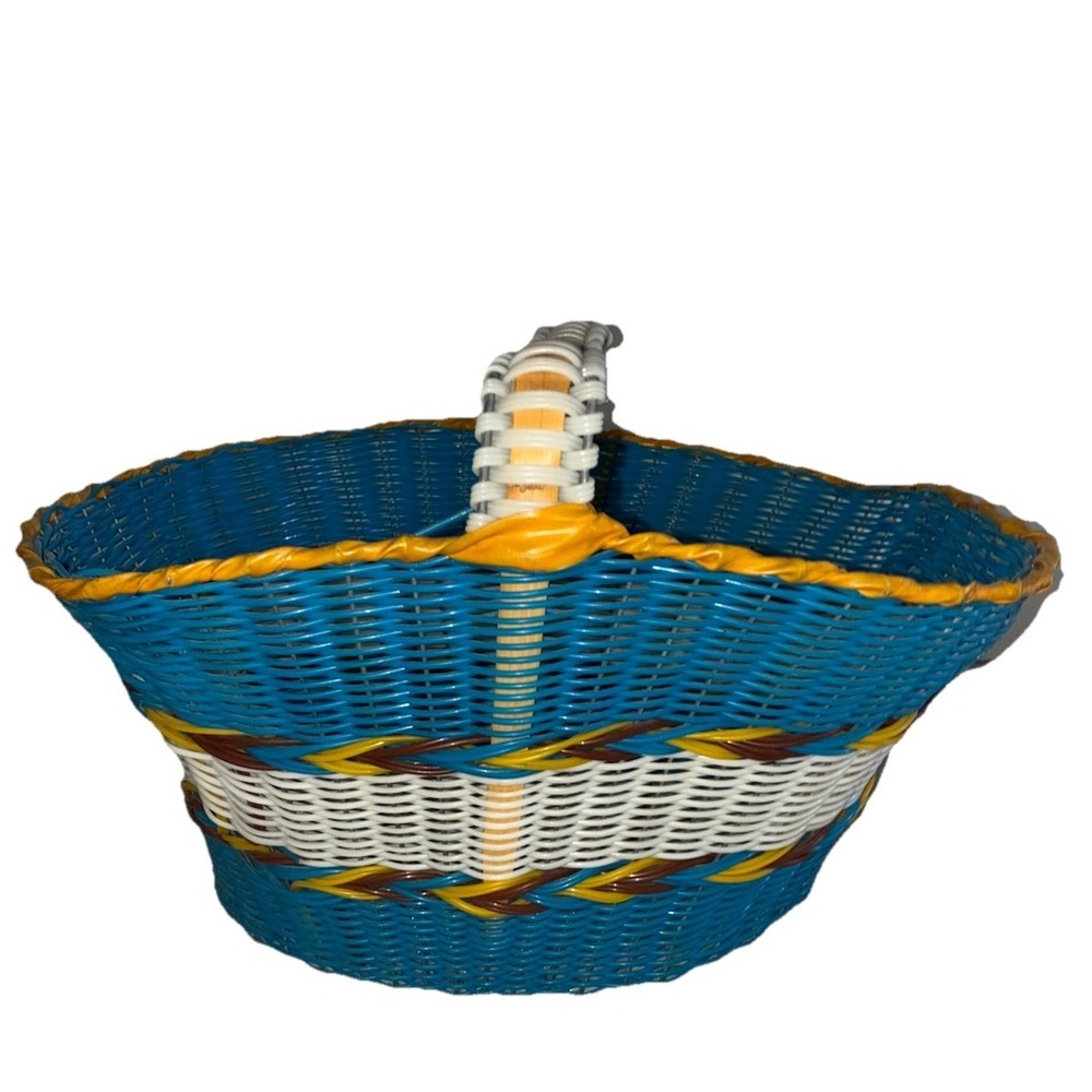 Basket Wire Frame Vinyl Blue Native Southwest Woven MCM 14x12x11" *flaws